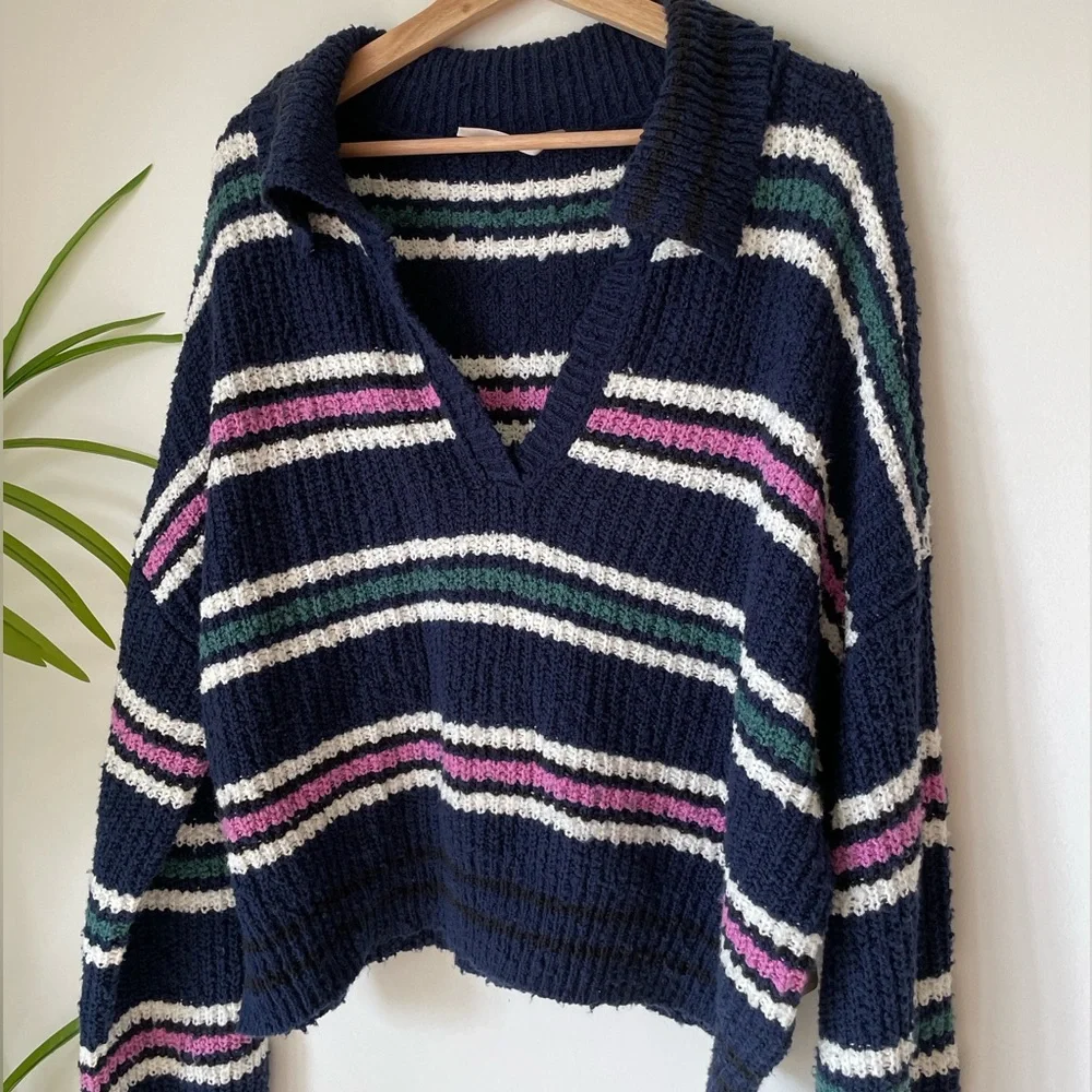 Free People Navy V-Neck Striped Sweater with Pink, Green & White Accents